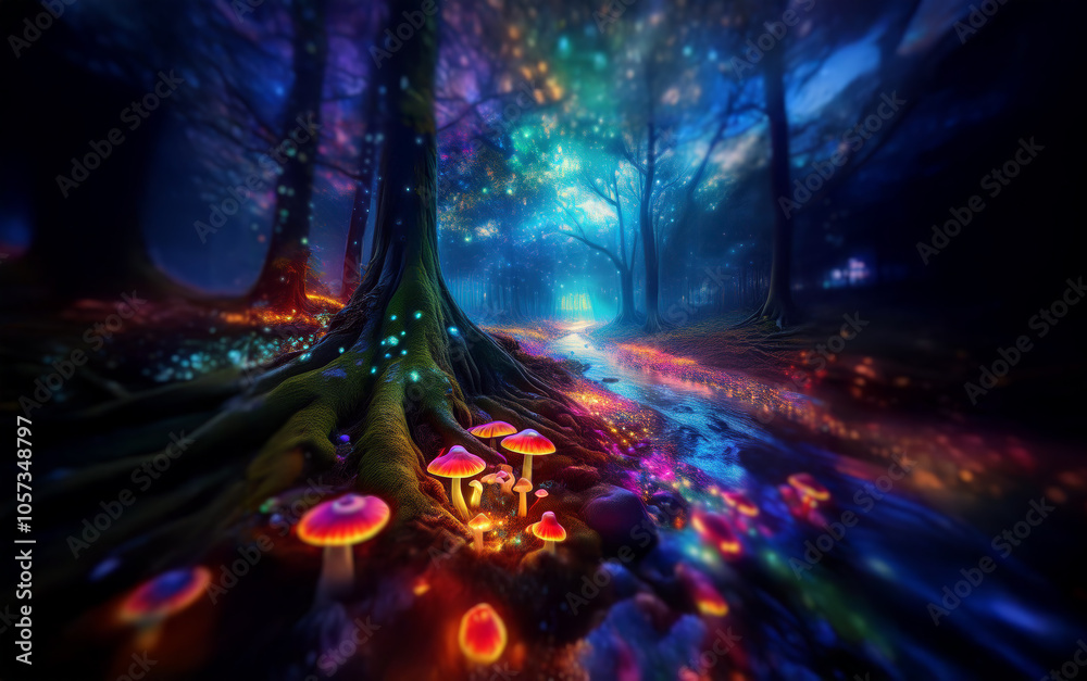 Poster a magical forest with glowing trees, a river flowing through the middle and colorful mushrooms growi