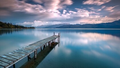 pequeño viejo embarcardadero,  en medio de un lago tranquilo