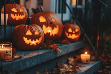 Carved pumpkins and candles on house stairs, creating a festive Halloween atmosphere, AI generated illustration