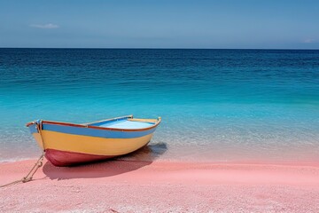 Naklejka premium a small boat anchored on a pink beach with deep blue sea, representing a peaceful and healing vacation with generative ai