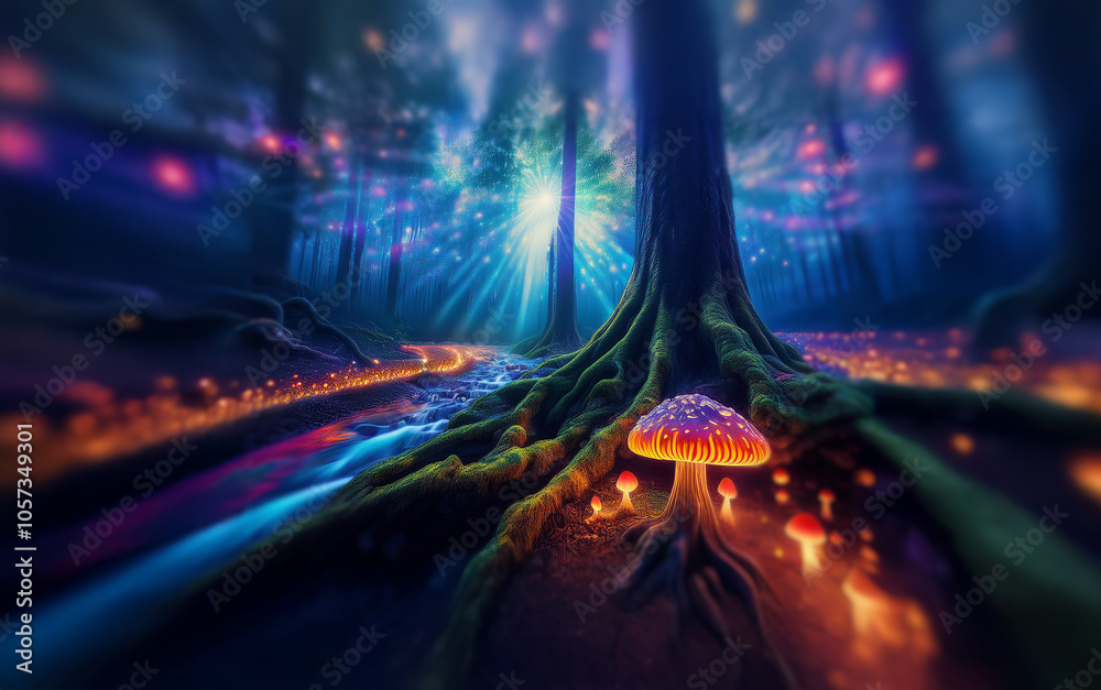 Poster a glowing river flows through a mystical forest at night, with bioluminescent mushrooms illuminating