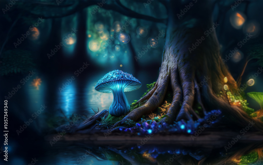 Poster a glowing blue mushroom sits at the base of a large tree in a dark forest. the air is filled with bi