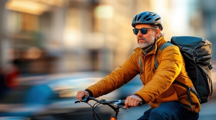 An older adult rides his bicycle through bustling city streets wearing a helmet and a warm jacket, symbolizing independence and modern urban exploration.