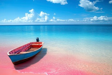 Fototapeta premium a small boat anchored on a pink beach with deep blue sea, representing a peaceful and healing vacation with generative ai
