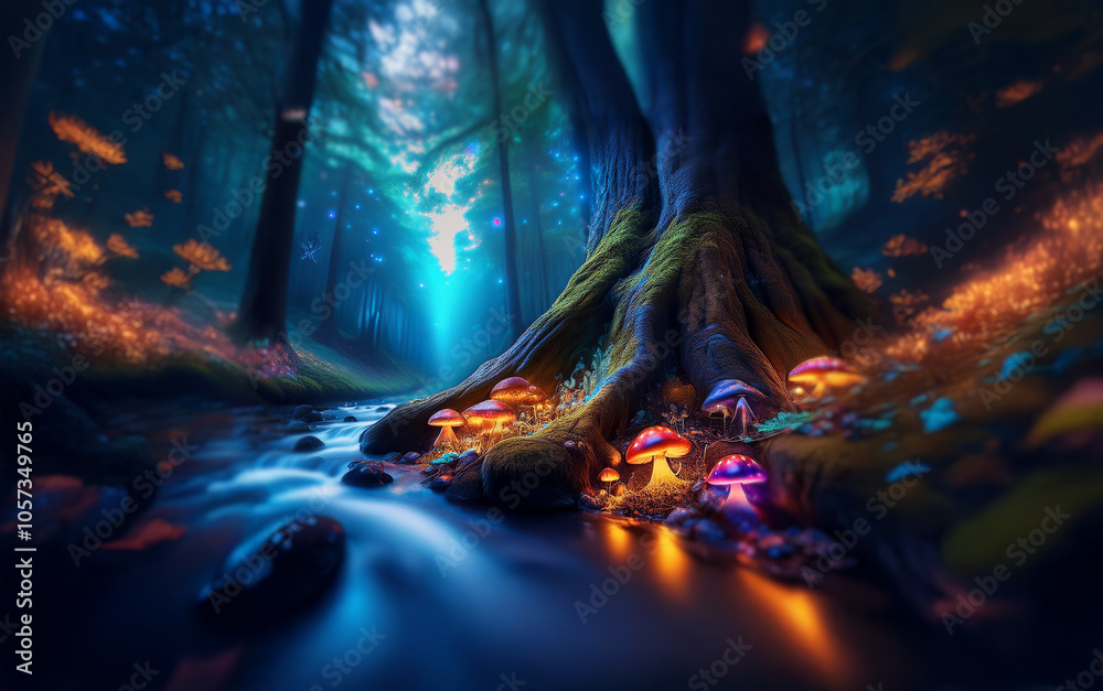 Poster a mystical forest at night with glowing mushrooms and a stream flowing through the trees.