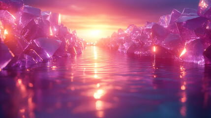 Crystallized Water with Pink Sunset 3D Illustration