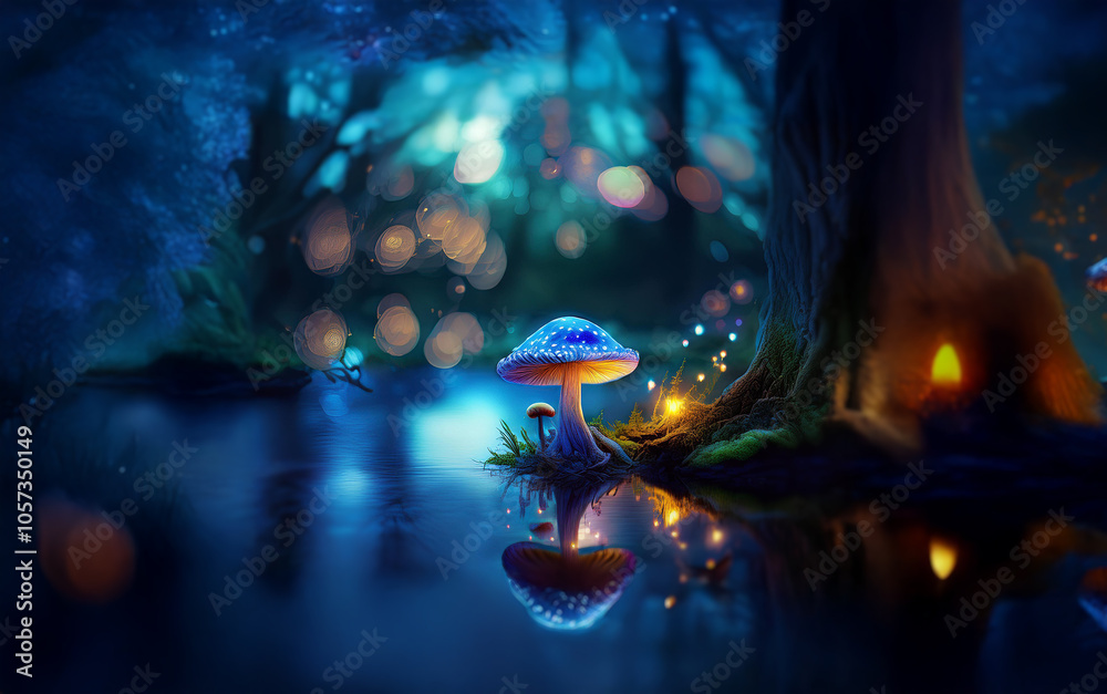 Poster a glowing mushroom stands by a tranquil river in a dark, enchanted forest lit by fireflies and ether