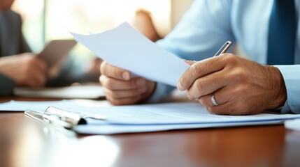 A businessman holds documents in a meeting, highlighting engagement, professionalism, and strategic communication in a contemporary business environment.