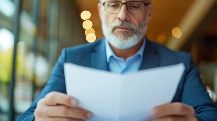 A mature man in glasses reads a document in a coffee shop, showcasing a setting of focus, intellect, and a comfortable, casual business environment.