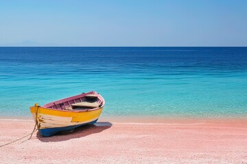 Fototapeta premium a small boat anchored on a pink beach with deep blue sea, representing a peaceful and healing vacation with generative ai