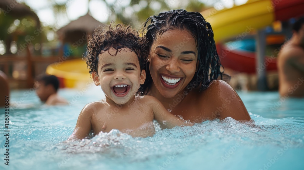 Wall mural A beaming mother and her delighted toddler enjoy a special bonding moment together, splashing in a refreshing pool at a family-friendly aquatic resort.