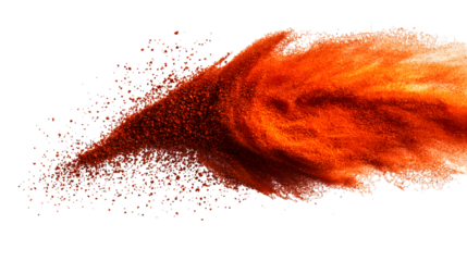 A vibrant splash of bright red chili powder scattering in mid-air. Isolated on white background
