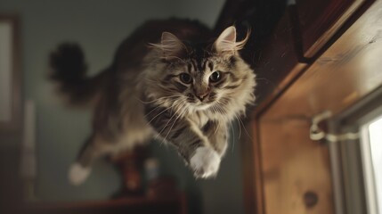 A lively tabby cat is captured mid-leap in a home setting, showcasing its agility and playful nature as it pounces towards an unseen target with focus and determination.