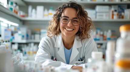 A young female pharmacist with curly hair smiles broadly while sitting in a laboratory, surrounded by a variety of medicine bottles and scientific instruments.