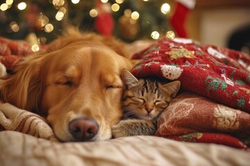 A cozy dog and cat snuggle under a festive blanket, surrounded by a beautifully decorated Christmas tree and twinkling lights.
