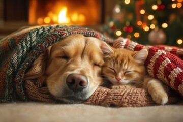A cozy golden retriever and a ginger cat snuggle together under warm blankets by a fireplace, surrounded by festive holiday decor.