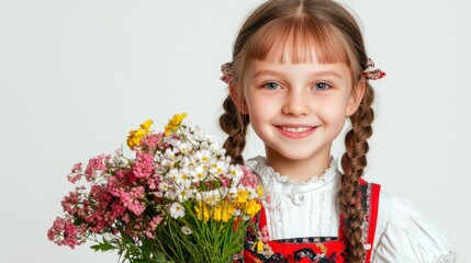 A cheerful Russian schoolgirl in a traditional uniform with pigtails, holding a bouquet