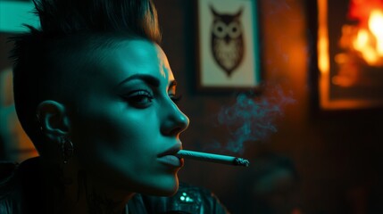 Woman with a shaved head smokes a cigarette