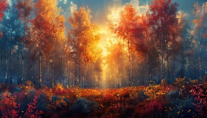 Fototapeta premium Golden Hour Sunlight Filtering Through Autumn Forest