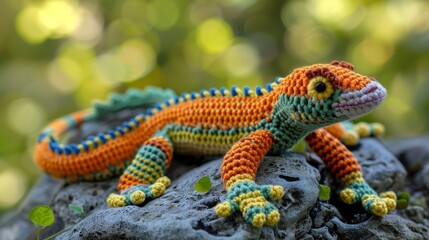 Obraz premium A colorful crochet gecko, adorned with bright patterns, rests on a stone backdrop. Its vivid colors and playful design breathe life and movement into the scene.
