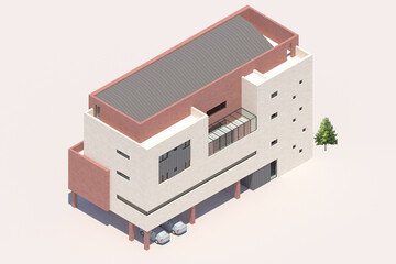 3d render of a house, Isometric modeling of modern Multi-Level Brick Facade Building with Open Parking and Rooftop Terrace