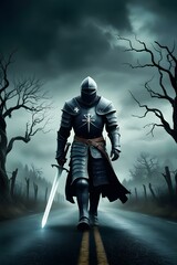 Fototapeta premium knight in dark with weathered armor