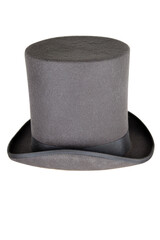 Elegant classic gray top hat with a flat crown and wide brim, representing elegance and timeless style. Topper headpiece Isolated on white background. Copy space. Clipping path