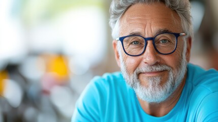 A confident elderly man with blue glasses and a beard, exuding warmth and wisdom. He's dressed in a casual bright blue shirt, perfectly posed with blurred background.