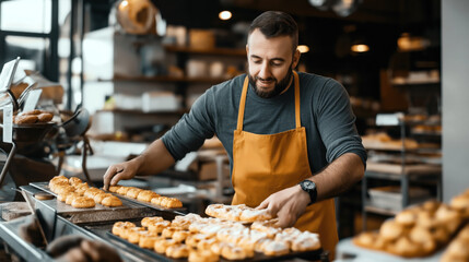 Male baker in an orange apron arranging freshly baked pastries in a bakery setting with shelves and baking equipment in the background