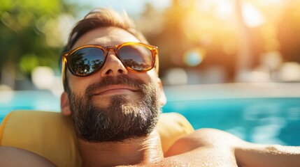 A bearded man with sunglasses lies comfortably beside a swimming pool, enjoying the serene and refreshing ambiance of a sunny day with rays of sunlight beaming down.