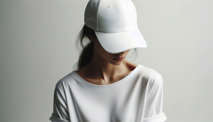 A woman wearing a plain white baseball cap and white T-shirt. Lady girl with long hair. Plain background