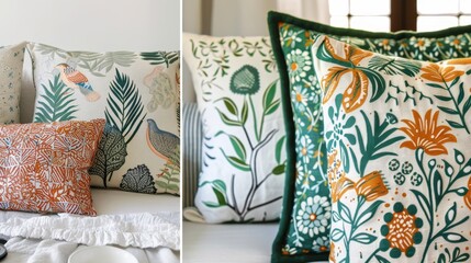 A collection of modern pillows with nature-inspired designs, featuring detailed illustrations of birds, plants, and flowers in earthy and green tones, adding elegance to decor.