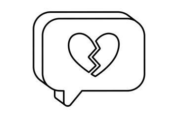 Hand drawn cute outline illustration speech bubble with broken heart. Flat vector disagree message line art doodle. Negative reaction. Social media icon. Dating app. Dislike from follower. Isolated.