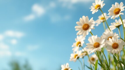 A close-up of beautiful white daisies blooming vibrantly under a bright blue sky, capturing the essence of a sunny day filled with freshness and natural beauty.
