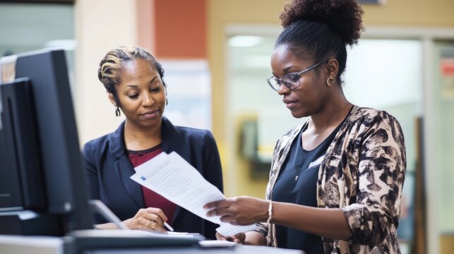 A friendly election volunteer helping a Black woman complete her voter registration forms,