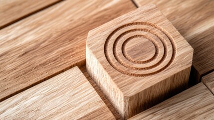 A close-up view of a wooden hexagon piece with concentric circular engravings, surrounded by a wooden surface, highlighting craftsmanship and texture.
