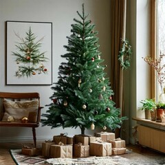 Capture the magic of the holiday season with this enchanting image of a Christmas tree. The tree is elaborately decorated with festive ornaments and lights, and beneath it are neatly wrapped presents.