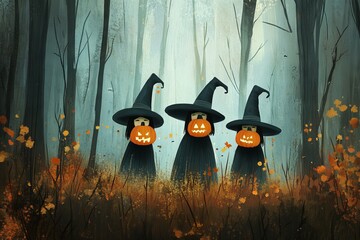 Cute witches in a dark forest with pumpkins, AI generated illustration