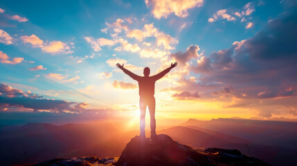 Happy man hands Up with sunrise sky background.