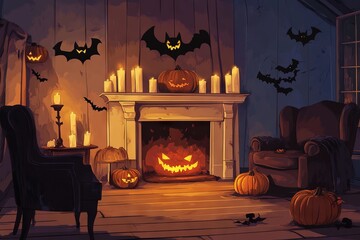 Obraz premium Halloween-themed cozy room interior with fireplace and pumpkins, AI generated illustration