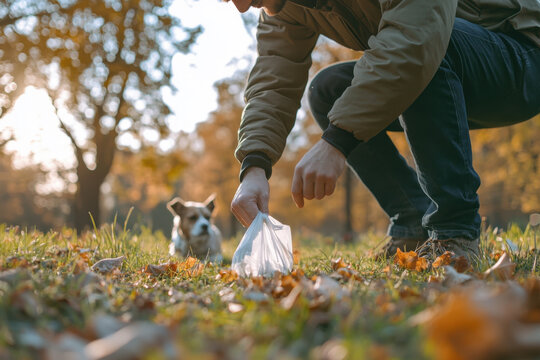 Young man holding poop bag while cleaning after dog in a park.