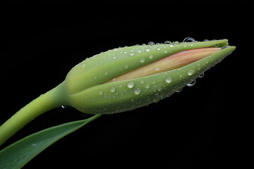 The bud of a plant on black background water drops   
