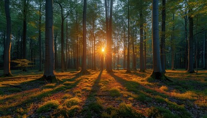Fototapeta premium Sunbeams Shining Through Trees in a Forest