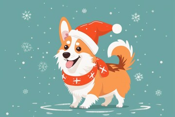 Festive corgi in santa hat with snowflakes on teal background