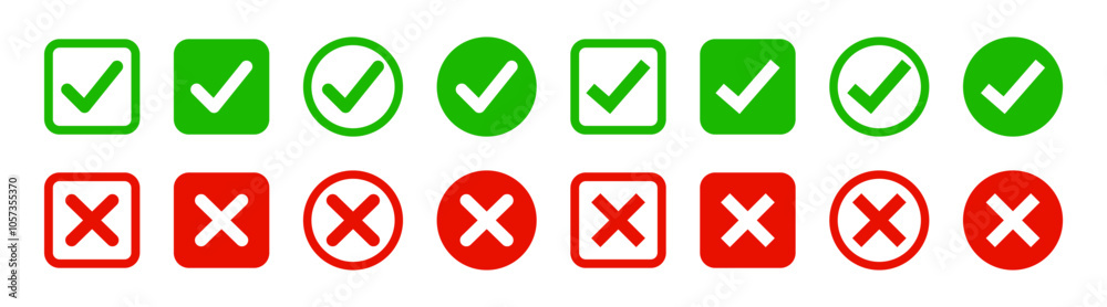 Wall mural green tick and red cross checkmarks. right or wrong icons. checkmark and x mark icon for apps and we