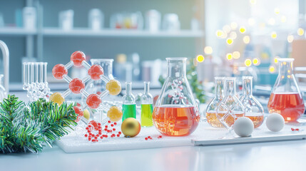 Laboratory setup with colorful chemical experiments, molecular models, and festive decorations. scene captures essence of biochemical engineering and creativity