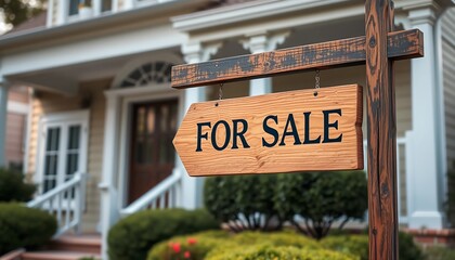 Fototapeta premium A wooden sign that says FOR SALE is installed in front of a classic style house