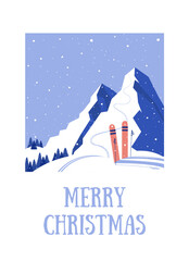 Merry Christmas. Winter days.Hello,Winter.Greeting text with skis and fir trees in the mountains for cold season celebration. Let is Snow.Vector illustration.Great for banners, wallpapers, card