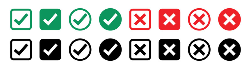 Green tick and red cross checkmarks. Right or wrong icons. Checkmark and x mark icon for apps and websites.