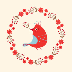 Cute winter bird with a twig in its beak in a frame of flowers, berries. Christmas and new year. Vector illustration suitable for greeting card, poster, banner, flyer, cover, sticker.